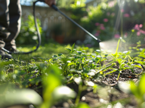 Close-up of landscaping with weed growth and as a pesticide spray is being applied.