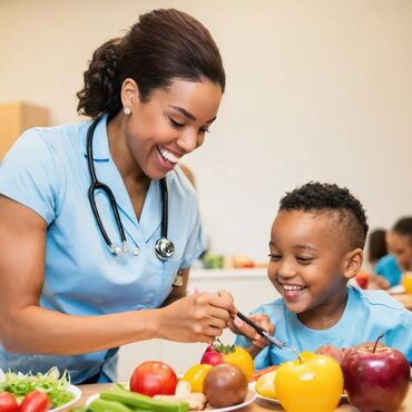 Nurse feeding the diabetic children with a smile