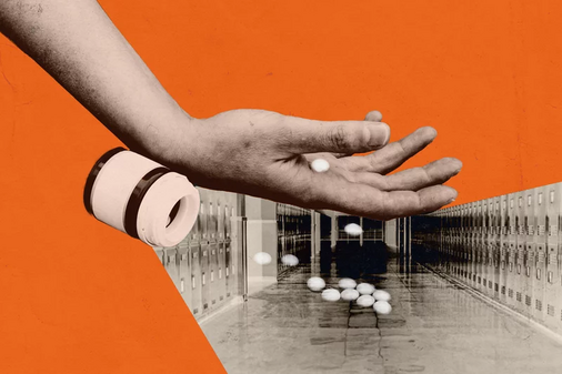 graphic design image of prescription medication overlayed over school hallway